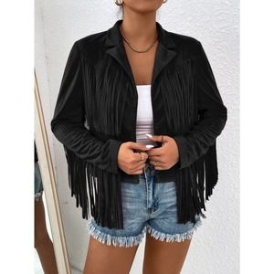 boho cowboy Fringe Trim Open Front Jacket vegan suede black